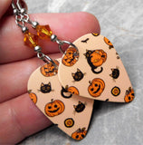 Halloween Jack o' Lantern and Black Cat Guitar Pick Earrings Orange Swarovski Crystals