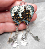 Haunted House Guitar Pick Earrings with Ghost Stainless Steel Charms and Swarovski Crystal Dangles