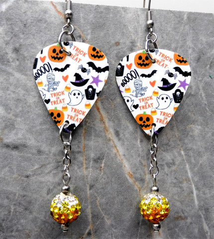 Halloween Guitar Pick Earrings with Candy Corn Colored Pave Bead Dangles
