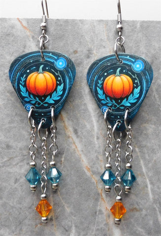 Beautiful Pumpkin Teal Guitar Pick Earrings with Swarovski Crystal Dangles