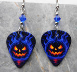 Halloween Jack o' Lantern Guitar Pick Earrings with Blue Swarovski Crystals