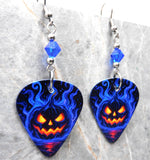 Halloween Jack o' Lantern Guitar Pick Earrings with Blue Swarovski Crystals