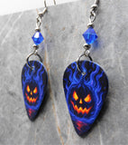 Halloween Jack o' Lantern Guitar Pick Earrings with Blue Swarovski Crystals