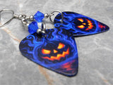 Halloween Jack o' Lantern Guitar Pick Earrings with Blue Swarovski Crystals
