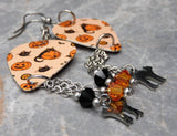 Halloween Jack o' Lantern and Black Cat Guitar Pick Earrings with Stainless Steel Charm and Swarovski Crystal Dangles