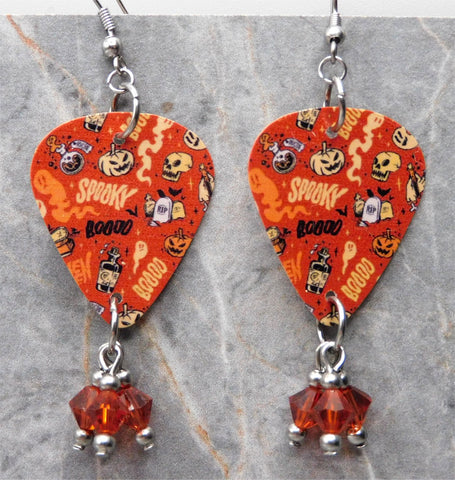 Halloween Guitar Pick Earrings with Indian Red Swarovski Crystal Dangles