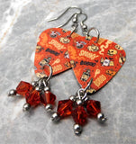 Halloween Guitar Pick Earrings with Indian Red Swarovski Crystal Dangles