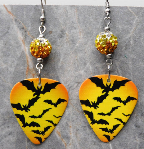 Halloween Bats Guitar Pick Earrings with Candy Corn Colored Pave Beads