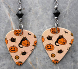 Halloween Jack o' Lantern and Black Cat Guitar Pick Earrings Black Swarovski Crystals