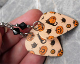 Halloween Jack o' Lantern and Black Cat Guitar Pick Earrings Black Swarovski Crystals