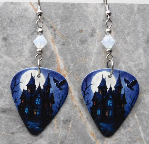 Spooky House Guitar Pick Earrings with Opal Swarovski Crystals
