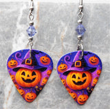 Jack o' Lantern with Witch or Wizard Hat Guitar Pick Earrings with Purple Swarovski Crystals