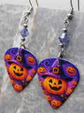 Jack o' Lantern with Witch or Wizard Hat Guitar Pick Earrings with Purple Swarovski Crystals