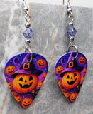 Jack o' Lantern with Witch or Wizard Hat Guitar Pick Earrings with Purple Swarovski Crystals
