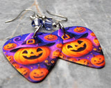 Jack o' Lantern with Witch or Wizard Hat Guitar Pick Earrings with Purple Swarovski Crystals