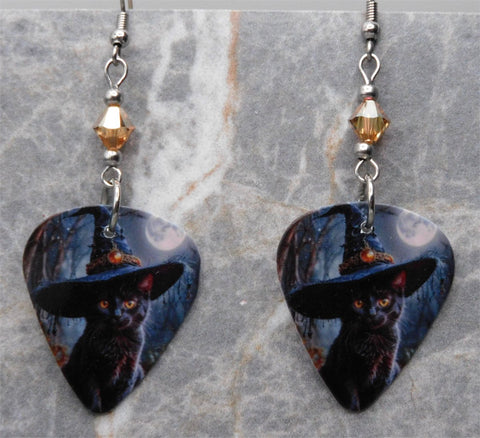Black Cat in a Witch's Hat Guitar Pick Earrings with Metallic Sunshine Swarovski Crystals