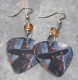 Black Cat in a Witch's Hat Guitar Pick Earrings with Metallic Sunshine Swarovski Crystals