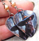 Black Cat in a Witch's Hat Guitar Pick Earrings with Metallic Sunshine Swarovski Crystals