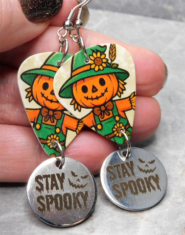 Jack o' Lantern Headed Scarecrow Guitar Pick Earrings with Stainless Steel Stay Spooky Charm Dangle