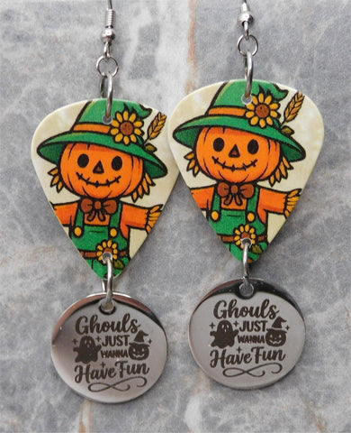 Jack o' Lantern Headed Scarecrow Guitar Pick Earrings with Stainless Steel Ghouls Just Want to Have Fun Stainless Steel Charm Dangle