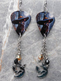 Black Cat in a Witch's Hat Guitar Pick Earrings with Stainless Steel Bat and Moon Charm and Swarovski Crystal Dangles