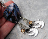 Black Cat in a Witch's Hat Guitar Pick Earrings with Stainless Steel Bat and Moon Charm and Swarovski Crystal Dangles