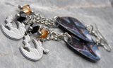 Black Cat in a Witch's Hat Guitar Pick Earrings with Stainless Steel Bat and Moon Charm and Swarovski Crystal Dangles