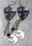 Black Cat in a Witch's Hat Guitar Pick Earrings with Stainless Steel Bat and Moon Charm and Swarovski Crystal Dangles