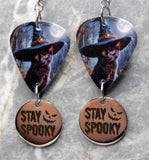 Black Cat With A Witch's Hat Guitar Pick Earrings with Stay Spooky Stainless Steel Charms