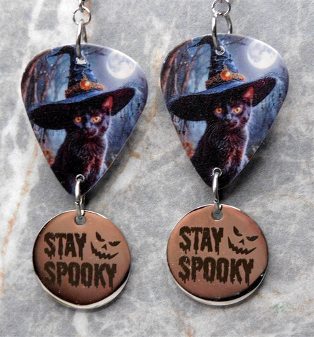 Black Cat With A Witch's Hat Guitar Pick Earrings with Stay Spooky Stainless Steel Charms