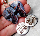 Black Cat With A Witch's Hat Guitar Pick Earrings with Stay Spooky Stainless Steel Charms