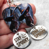 Black Cat With A Witch's Hat Guitar Pick Earrings with Stay Spooky Stainless Steel Charms
