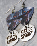 Black Cat With A Witch's Hat Guitar Pick Earrings with Stay Spooky Stainless Steel Charms