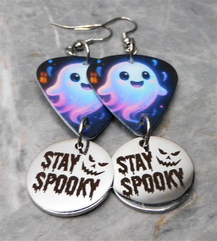 Adorable Ghost Guitar Pick Earrings with Stainless Steel Stay Spooky Charm Dangles