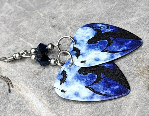Grim Reaper Guitar Pick Earrings with Metallic Blue Swarovski Crystals