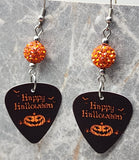 Happy Halloween Jack o' Lantern Guitar Pick Earrings with Orange Pave Beads