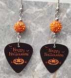 Happy Halloween Jack o' Lantern Guitar Pick Earrings with Orange Pave Beads