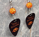 Happy Halloween Jack o' Lantern Guitar Pick Earrings with Orange Pave Beads