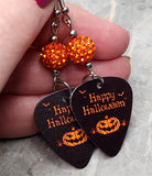 Happy Halloween Jack o' Lantern Guitar Pick Earrings with Orange Pave Beads