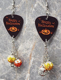 Happy Halloween Jack o' Lantern Guitar Pick Earrings with Jack o' Lantern Charms and Pave Dangles