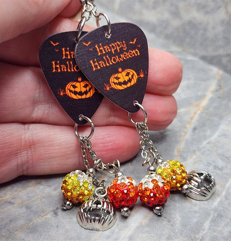 Happy Halloween Jack o' Lantern Guitar Pick Earrings with Jack o' Lantern Charms and Pave Dangles