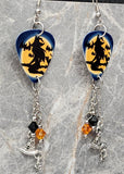 Witch on Broomstick Guitar Pick Earrings with Witch Hat Charms and Swarovski Crystal Dangles