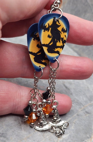 Witch on Broomstick Guitar Pick Earrings with Witch Hat Charms and Swarovski Crystal Dangles