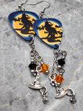 Witch on Broomstick Guitar Pick Earrings with Witch Hat Charms and Swarovski Crystal Dangles