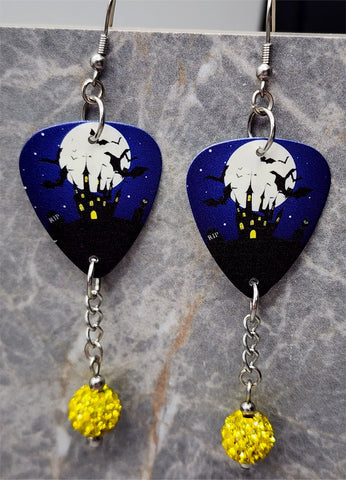 Haunted Castle in Front of a Full Moon Guitar Pick Earrings with Yellow Pave Bead Dangles