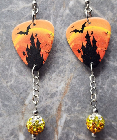 Haunted Castle with Bats and Ghosts Guitar Pick Earrings with Candy Corn Colored Pave Bead Dangles