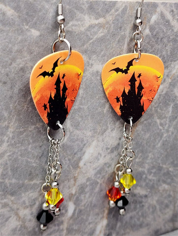 Haunted Castle with Bats and Ghosts Guitar Pick Earrings with Swarovski Crystal Dangles