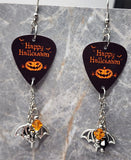 Happy Halloween Jack o' Lantern Guitar Pick Earrings with Bat Charms and Swarovski Crystal Dangles