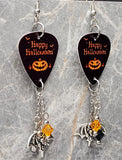 Happy Halloween Jack o' Lantern Guitar Pick Earrings with Bat Charms and Swarovski Crystal Dangles