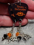 Happy Halloween Jack o' Lantern Guitar Pick Earrings with Bat Charms and Swarovski Crystal Dangles